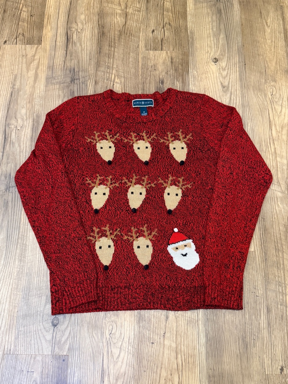 Karen Scott Red Holiday Crewneck Sweater with Reindeer and Santa Christmas